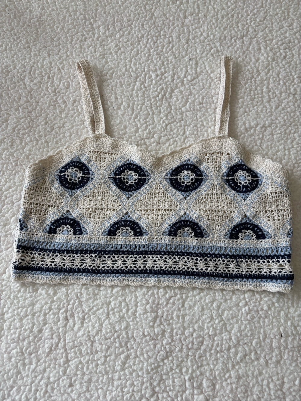 Rebellion Boho Y2K Geometric Crochet Crop Tank Cami Top Blue Cream Size Small